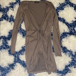 Tan long sleeve, V-cut bodycon dress
